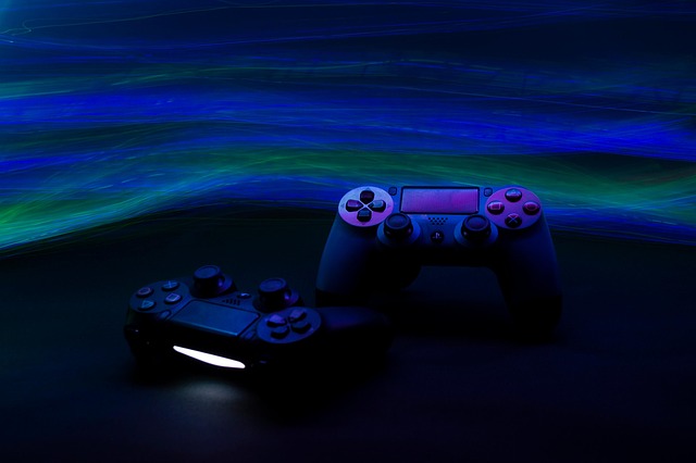 Neon gaming setup with a controller and keyboard